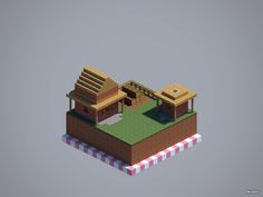 a low poly model of a building with a picnic table in the foreground and an awning over it