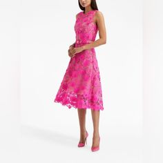 Oscar De La Renta Water Lily Lace Dress Jewel Neckline Sleeveless Adjustable Belted Waist A-Line Silhouette Midi Length Scallop Hem Back Zip Polyester Silk Lining Dry Clean, Professional Cleaning Recommended Made In Italy Nwt With Matching Belt Just As Seen In The Picture Sleeveless Summer Lace Gala Dress, Sleeveless Lace Dress For Summer Gala, Sleeveless Pink Lace Midi Dress, Spring Gala A-line Sleeveless Dress, Sleeveless Spring Evening Lace Dress, Spring Gala Midi Sleeveless Dress, Spring Gala Midi-length Sleeveless Dress, Spring Evening Sleeveless Lace Dress, Sleeveless Lace Dress For Spring Evening