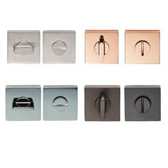 four different types of square knobs in various colors and sizes, each with a single handle