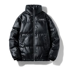 Brand: Leapair   Product name: Down jackets Colour: Black Filling: white duck down Cashmere content: 86%~90% Main fabric composition: polyester fiber (polyester) Surface fabric: PU leather Size: M (length 64cm, bust 118cm, shoulder width 58cm, sleeve length 55cm, recommended height 160-170cm)   Leapair Down jacket features high-tech insulation to insulate cold air and retain warmth; The elasticized cuffs and hem of the new version winter coat which can more effectively prevent wind from entering Winter Leather Jacket With Padded Collar For Outdoor Wear, Winter Outdoor Leather Jacket With Padded Collar, Winter Duck Down Outerwear For Streetwear, Quilted Leather Jacket For Winter, Winter Windproof Puffer Jacket For Streetwear, Casual Long Sleeve Puffer Leather Jacket, Casual Puffer Leather Jacket For Streetwear, Urban Winter Duck Down Puffer Jacket, Urban Duck Down Winter Outerwear