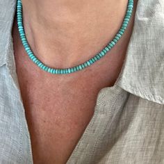 This simple everyday necklace is made with soft muted blueish green Rondell shape turquoise gemstones beads from Arizona, U.S.A.  The modern minimalist look and feel of this piece in an inspiration of the old southwest where the native inhabitants wore similar necklaces over the millennia.  The turquoise gemstones display beautiful shades of aqua blue with a hint of green highlights. They have a superior polish and are calibrated to be uniform in size and fit. - Not dyed, treated or color enhanc Everyday Turquoise Beaded Necklaces With Gemstone Beads, Everyday Turquoise Beaded Necklace With Gemstone Beads, Turquoise Beaded Necklaces With Round Beads For Everyday, Everyday Turquoise Single Strand Beaded Necklaces, Everyday Turquoise Beaded Necklace With Tiny Beads, Turquoise Single Strand Beaded Necklace For Everyday, Turquoise Single Strand Necklace For Everyday, Turquoise Necklace With Tiny Beads For Everyday Wear, Minimalist Single Strand Turquoise Beaded Necklace