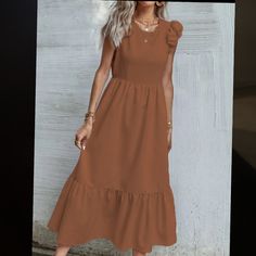 Brand New/Never Worn (Did Not Include Tags From Shein) Brown Color With Butterfly Sleeves And Tiered Ruffles Zip Back Casual Fitted Maxi Dress With Ruffle Sleeves, Brown Ruffle Hem Maxi Dress, Brown Ruffled Midi Dress, Casual Brown Midi Dress With Ruffle Hem, Ruffle Trim Dress, Shein Dress, Trim Dress, Shein Dresses, Butterfly Sleeves