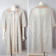 Vintage 1950s Peignoir Set. Blush pink lace over a pale, icy blue lining. The lace is a pattern of bows and florals. Ribbon and lace ruffle trim on both pieces. Lining of robe is an acetate feeling material. Lining of nightie is a nylon. Robe has snap button closures down the center front and a single side pocket. Made by Odette Barsa for Marshall Field & Company. Excellent condition - no flaws at all! Looks like it wasn't even worn. No size labels so please double check measurements below as th Vintage Lace Wedding Sleepwear, Vintage Lace Sleepwear With Delicate Detail, Vintage Light Blue Sleepwear With Lace Trim, Vintage Delicate Lace Sleepwear, Blue Nightgown, Nightgown Set, Babydoll Nightgown, Nightgown Sets, Peignoir Sets