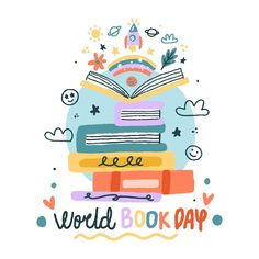 a stack of books with the words world book day written on it and an image of a