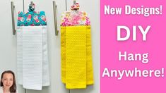 two towels hanging on hooks next to each other with the words new designs diy hang anywhere