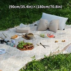 a picnic blanket with food on it in the grass