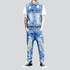 Make a statement this season with our 2023 Spring-Summer Collection of distressed bare-shoulder men's denim overalls! Crafted with an edgy distressed pattern for a modern street style. these overalls offer a blend of contemporary fashion and nostalgic grunge. With a slim fit and a seamless blend of a resilient zipper and stylish button closure. these overalls deliver both functionality and flair. Crafted with premium quality denim for durability. our overalls are the ultimate expression of grung Ripped Dark Wash Denim Jumpsuit For Spring, Urban Distressed Jeans For Summer, Ripped Denim Blue Vest For Summer, Summer Ripped Denim Blue Vest, Trendy Ripped Denim Vest For Summer, Summer Ripped Denim Vest In Denim Blue, Summer Distressed Denim Vest, Cotton Ripped Jean Overalls, Casual Dark Wash Ripped Denim Jumpsuit