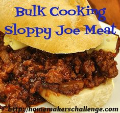 a close up of a sandwich on a plate with the words bulk cooking sloppy joe meat