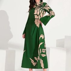 Brand New And Never Worn Green Printed A-line Maxi Dress, Elegant Printed Green Midi Dress, Elegant Green Printed Midi Dress, Elegant Green Printed Dresses, Green Printed A-line Midi Dress, Chic Green Printed Midi Dress, Chic Green Printed Maxi Dress, Modest Green Spring Maxi Dress, Modest Green A-line Dress