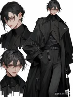 three different poses of a man in black clothing