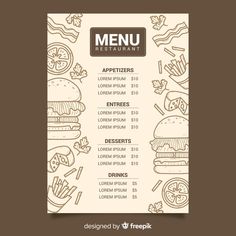 a restaurant menu with burgers and fries on the table, hand drawn in line art style