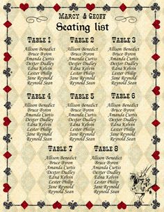 a wedding seating list with hearts and flowers on the front, in black and red