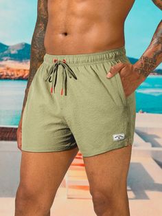 Men's Letter Print Drawstring Waist Beach Shorts , Swim Trunks Khaki Casual   Fabric Colorblock,Letter  Non-Stretch  Men Clothing, size features are:Bust: ,Length: ,Sleeve Length: Men Beach, Mens Swim Trunks, Printed Drawstring, Beach Shorts, Mens Swimwear, Men Clothing, Scarf Print, Swim Trunks, Swim Shorts