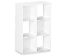 a white bookcase with four shelves on the front and one in the middle, against a white background