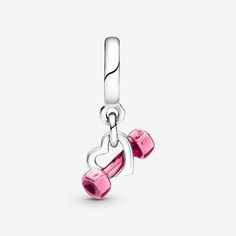 Wear your love for fitness with the Dumbbell & Heart Dangle Charm. Hand-finished in sterling silver, this charm features a dumbbell sitting inside an open heart shape. The dumbbell is covered in hand-applied pink enamel, with delicate heart details on each end. With a design inspired by fitness and strength, this charm is perfect for anyone who finds their joy in physical movement and excercise, whether that's at the gym, at home or outside. - Pandora Dumbbell & Heart Dangle Charm - Enamel / Ste Pandora Bracelet Charms Ideas, Pandora Armband, Pandora Jewelry Charms, Gym At Home, Charms Pandora, Bracelet Pandora, Pandora Bracelet Charms, Pink Enamel, Pandora Bracelets