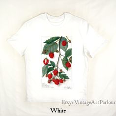 A vintage art T-shirt depicting Blackberry (Rubus "Watson") by Amanda Newton, 1910. Adult Unisex T-Shirt: ✔ Best quality available. ✔ Luxuriously soft, 100% organic ring-spun combed cotton. ✔ 180 gsm (5.3 oz/yd medium-heavy fabric. ✔ Single jersey, medium/regular fit. ✔ Fair Wear, Oeko-Tex, GOTS certified, vegan-friendly. Printed using the direct-to-garment process, in which pigment ink is fixed to the shirt using heat and pressure, which creates a vibrant and long-lasting print, with nothing to Vintage Cotton T-shirt With Custom Artwork, Vintage Crew Neck T-shirt With Custom Artwork, Vintage Crew Neck T-shirt With Custom Print, Vintage Short Sleeve Tops With Custom Artwork, Vintage Cotton Printed T-shirt, Botany Art, Art Handmade, Combed Cotton, White Vintage