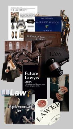 collage of law related items including books, papers and pictures with words on them