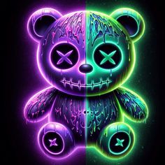 a neon colored teddy bear sitting in front of a black background with the same color as it appears