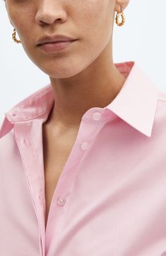 Stretchy cotton fabric ensures easy movement in this fitted button-up that looks great solo or as part of a layered look. Hidden-button placket Spread collar Long sleeves with button cuffs Curved hem 97% cotton, 3% elastane Machine wash, line dry Imported Spring Collared Dress Shirt With Button Closure, Pink Button-up Dress Shirt, Cotton Shirt With Button Closure And Collared Neckline, Spring Dress Shirt With Buttons And Spread Collar, Office Shirt With Collared Neckline In Cotton, Business Casual Shirt With Collared Neckline And Placket, Business Casual Shirt With Collared Neckline, Relaxed Fit Dress Shirt With Button Closure, Summer Button-up Dress Shirt For Work