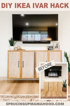 a tv sitting on top of a wooden cabinet in front of a flat screen tv