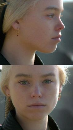 two different shots of a woman with blonde hair and piercings on her ears, looking at the camera