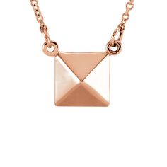 Change Up Your Look With This Eye-Catching 14k Rose Gold 16.25-Inch Necklace Featuring A Polished Pyramid Design That Is Approximately 10mm (3/8 Inch) Square. The Attached Solid Cable Chain Is 1mm In Width And Closes With A Spring Ring Clasp. Black Bow Item Number: N11053 Pyramid Design, Pyramid Necklace, Bow Jewelry, Disc Pendant, Small Pendant, Shell Pendant, Jewelry Companies, Black Bow, Gold Plated Silver