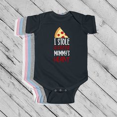 "PIZZA BABY BODYSUIT - This cozy, soft infant bodysuit is the perfect pizza baby shower gift! Its excellent quality print will survive their very first ventures. - Design is printed onto the front of a Rabbit Skins 4424 baby bodysuit - 100% combed ringspun cotton for solid colors (heather colors are cotton/polyester) - Light fabric (4.5 oz/yd²) - Plastic snaps at closure - Ribbed knit binding - Tear away label - Side seams Sizing: 6M: 8.6\" wide, 12.5\" length, 2.7\" sleeve length 12M: 10\" wide Pizza And Pacifiers, Twins Clothes, Couple Pillowcase, Cute Pizza, Horse Throw Pillows, Baby Mom, Perfect Pizza, Twin Outfits, Baby Outfit