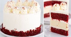 two pictures of a red velvet cake with white frosting