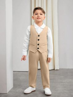 Young Boy Gentleman 2pcs Set Elegant Business Vest Suit Jacket + Trousers, Formal Outfit For Birthday Party, Wedding, Anniversary, Christening Khaki Elegant    Plain,Plants  Non-Stretch  Young Boys Clothing, size features are:Bust: ,Length: ,Sleeve Length: Business Vest, Dapper Outfit, Suit Vest, Formal Outfit, Kids Sleepwear, Trouser Suits, Boys Clothing, Kids Beachwear