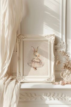 a white frame with an image of a bunny in a ballet outfit