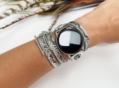 Punk Hippie Samsung Galaxy Watch Band 40 42 44 46 Gothic Leather Galaxy 4 Strap Silver Snake Skin Bracelet for Galaxy Active 3 41mm Handmade fashion Samsung Galaxy Watch band is created special for you to match any outfit from office to the dance floor, will make fill you special during the day and even the night. Perfect gift for loved ones, friends or family member. Will create unforgettable memory if giving for Christmas, Birthday, Thanksgiving or any other memorable day. Band fits: Galaxy Wa Trendy Silver Band Bracelet, Trendy Silver Bracelet With Black Band, Snake Skin Bracelet, Leather Chain Bracelet, Silver Snake Bracelet, Handmade Watch Bands, Best Gift For Wife, Samsung Watch, Smart Jewelry