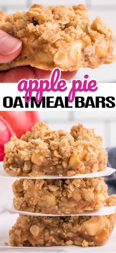 apple pie oatmeal bars stacked on top of each other with text overlay