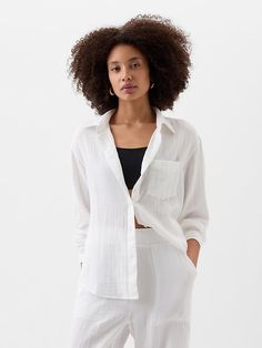 Gauze Big Shirt Daywear Long Sleeve Tops With Crinkle Texture, Long Sleeve Tops With Crinkle Texture For Daywear, Casual Crinkle Texture Button-up Tops, Casual Button-up Top With Crinkle Texture, Daywear Shirt With Buttoned Pockets And Shirttail Hem, Summer Tops With Button Cuffs, Summer Loungewear Tops With Button Cuffs, Summer Crinkle Texture Button-up Tops, Casual Crinkle Texture Shirt For Spring