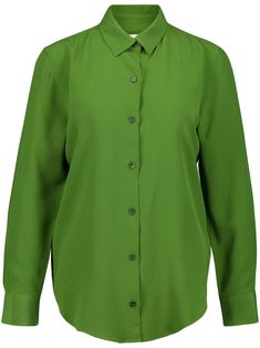 moss green silk crepe texture front button fastening classic collar long sleeves buttoned cuffs pleat detailing pleat detailing Luxury Green Blouse, Luxury Green Short Sleeve Tops, Luxury Green Button-up Blouse, Elegant Drapes, Wardrobe Edit, Yoko London, Iconic Bags, Green Shirt, Exclusive Fashion