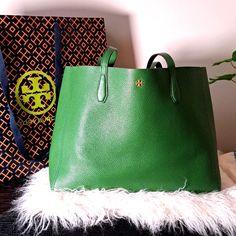 Like New Tory Burch Blake Tote With Leather Zip Pouch Wristlet. Approx.: 14" (L) X 11 1/2" (H) X 5 1/2" (W), Handles With 9 1/2" Drop Tory Burch Blake Tote Green Textured Leather Bag For On-the-go, Green Textured Leather Tote Bag, Green Textured Leather Bag With Double Handle, Green Textured Leather Shoulder Bag For Errands, Green Bags With Dust Bag For On-the-go, Green Textured Leather Bag For Errands, Green Textured Leather Rectangular Bag, Green Textured Leather Bag For Daily Use, Tan Textured Leather Bag For Errands