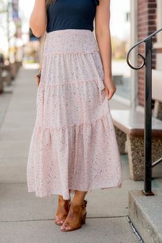 Chic Tiered Maxi Skirt For Summer, Chic Flowy Tiered Skirt, Brunch Ruffle Hem Tiered Maxi Skirt, Chic Tiered Gathered Maxi Skirt, Tiered Floral Print Flowy Maxi Skirt, Modest Relaxed Tiered Skirt, Brunch Tiered Maxi Skirt With Ruffles, Tiered Ruffle Maxi Skirt For Brunch, Modest Tiered Skirt