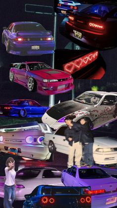 a collage of different cars and people in the background