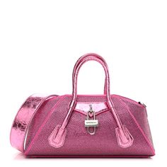 This is an authentic GIVENCHY Lambskin Satin Strass Mini Antigona Stretch in Neon Pink. This elegant handbag is crafted of satin fabric in neon pink embellished with tiny crystals throughout. The bag features metallic pink rolled-leather top handles and trim, a removable leather shoulder strap, and polished silver hardware including a Givenchy lock charm on the front. The magnetic top opens to a pink fabric interior with a patch pocket. Mini Antigona, Woven Chain, Handbag Heaven, Metallic Pink, Polish Silver, Navy Fashion, Best Bags, Purses Designer, Overnight Bag