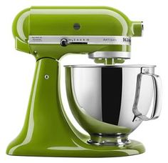 an artisan stand mixer is shown in bright green