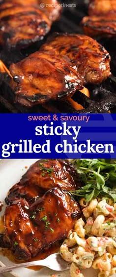 grilled chicken and macaroni salad on a white plate with the title sweet & savory sticky grilled chicken