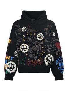 Barrow sweatshirt in Black cotton. Graphics and logos printed on the entire surface. Large hood. Long sleeve. Low armhole. Ribbed cuffs and bottom. Oversized fit. Brushed interior. Size in photo S 100% cottonComposition: 100% Cotton Armani Sweatshirt, Burberry Shop, Versace Shop, Photo S, Mens Activewear, Lace Boots, Oversized Fits, Black Sweaters, Black Cotton