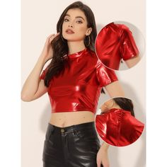 With its sleek and modern style, this short-sleeve crop top is the perfect addition to any outfit, making it instantly party-ready. Crafted with a mock neck, short sleeves, and a perfectly fitted bodice, this essential party top is sure to turn heads wherever you go. Whether you're heading to a club, night out, music festival, or any other occasion, this versatile piece can be dressed up or down to suit your style. Made from top-quality materials, this sparkle tee is not only stylish but also co Metallic Crop Top, Sparkle Party, Club Night, Outfit Making, Short Sleeve Cropped Top, Party Tops, Faux Leather Pants, Halloween Women, Ladies Party