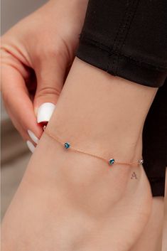 Handmade Rose Gold 925k Sterling Silver Evil Eye Anklet for Women, Evil Eye Ankle Ring for Women, Ethnic Anklet for Women,  This beautiful 925k Sterling Silver anklet is rose gold plated, and it is a beautiful summer jewelry. It will look great on your ankle at beach, or vacation or daily usage. This dainty ankle bracelet is perfect for minimalist jewelry lovers. It will protect you with its evil eye on the beach :) Weight: 1.4 gr Lenght: 21 cm This beautiful anklet comes with free worldwide shi Women Anklets Gold, Handmade Sterling Silver Anklets, Diy Natural Hair Styles, Evil Eye Anklet, Silver Anklets Designs, Natural Hair Diy, Anklet For Women, Beautiful Anklet, Anklet Designs