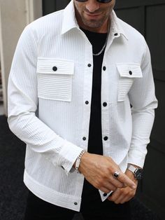 White Casual Collar Long Sleeve Woven Fabric Plain  Embellished Non-Stretch Spring/Fall Men Clothing Mens Outfits Dressy, Pocket Vest, Outfits Dressy, Breast Tape Lift, Corduroy Shirt, Slim Fit Top, Lingerie Accessories, Mens Vest, White Casual