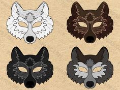 four different colored masks with black, white and grey wolf's faces on them