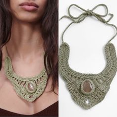 a woman wearing a green crochet necklace and brown top with an oval stone