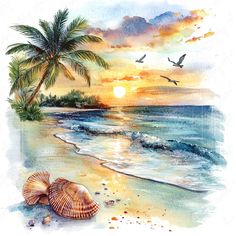 a painting of two seashells on the beach with palm trees and birds in the background