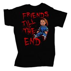 Chucky Halloween Unisex T-Shirt Black Halloween T-shirt With Text Print, Halloween Black T-shirt With Text Print, Black Halloween Top With Text Print, Halloween Short Sleeve T-shirt With Text Print, Black Horror T-shirt With Letter Print, Halloween Text Print Short Sleeve T-shirt, Black Pop Culture T-shirt For Halloween, Black Halloween Fan Merchandise T-shirt, Black Horror Screen Print Tops