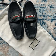 Rare And Discontinued Gucci Loafers With Red And Green Fabric, Silver Hardware, And Black Leather. Never Worn, Comes With Individual Bags For Each Shoe. Luxury Loafers With Red Sole And Round Toe, Designer Calf Leather Slip-on Loafers, Designer Calf Leather Loafers For Galas, Designer Flat Heel Loafers For Business, Designer Slip-on Loafers With Leather Sole, Designer Gucci Loafers With Leather Sole, Luxury Loafers With Rubber Sole, Gucci Designer Flat Heel Loafers, Designer Loafers With Leather Sole And Round Toe