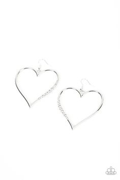 A section of glassy white rhinestones adorns a curvaceous silver heart frame, resulting in a heart-stopping sparkle. Earring attaches to a standard fishhook fitting.

 Sold as one pair of earrings. Silver Frames, Heart Frame, Heart Shaped Earrings, Paparazzi Accessories, Rhinestone Heart, White Rhinestone, White Jewelry, Paparazzi Jewelry, White Earrings